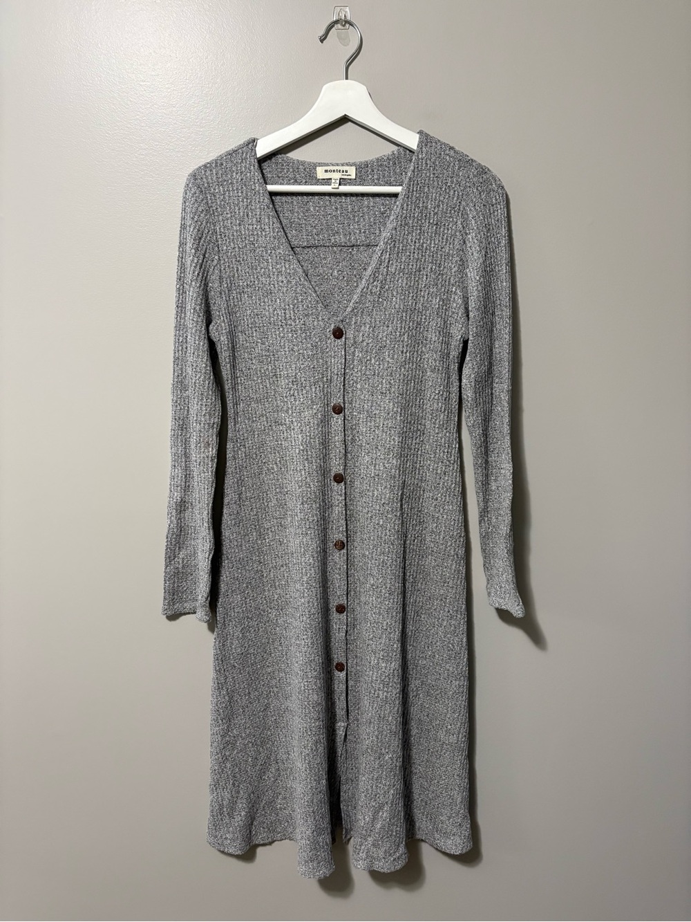 Monteau Los Angeles Long Sleeve Button-Down Ribbed Knit Midi Dress Grey